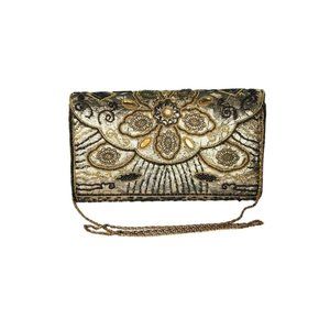 Vintage Ladies Gold Beaded Rhinestone Evening Bag Clutch Purse